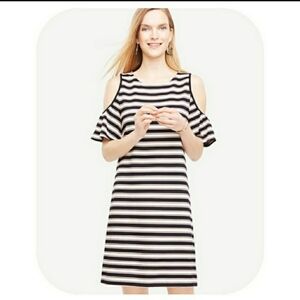 Ann Taylor Cold Shoulder Navy Peach Striped Dress Flutter Sleeves XS